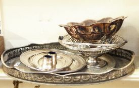 Silver plated basket with pierced decoration, with crest of figure with three feathers and three