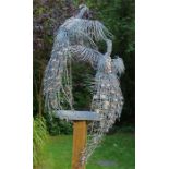 Sculpture - Gill Holland, Fighting Peacocks, Galvanised and Copper Wire,