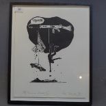 A signed limited edition lino cut with political symbolism, dated 1973,