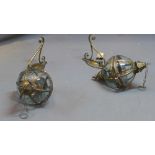 A pair of gilt metal hanging storm lanterns.