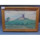 An early 20th Century impressionist oil on board depicting a cottage and windmill on top of a hill,