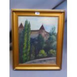 An early 20th Century oil on board depicting a top of a church in a woodland scene.