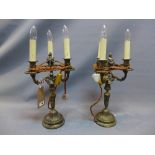 A pair of 19th Century ormolu three branch candelabra with ornate decoration (leather converted to