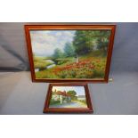 A 20th Century oil on canvas depicting a girl in a poppy field together with an oil on canvas of a