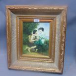 A 20th century oil on board depicting a Romantic scene, signed R.