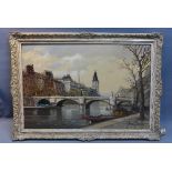 A 20th Century oil on canvas depicting a city river scene indistinctly signed lower left,