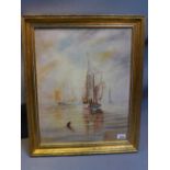 An early 20th Century oil on canvas depicting boats at sea, signed T.Westcott dated 1911.