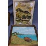 Two 20th Century oil on canvas depicting boats at harbour scenes