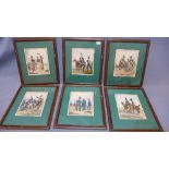 A set of six military prints with gouache, signed,