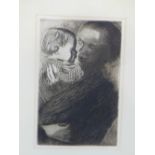A Kathe Kollwitz etching of a mother and child with printers blind stamp, framed and glazed.