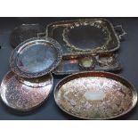 Seven silver plated trays, together with two pieced silver plated bon bon dishes,