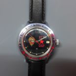 A Russian Vostok military officer's wristwatch, c. 1980s, mechanical lever movement, the black