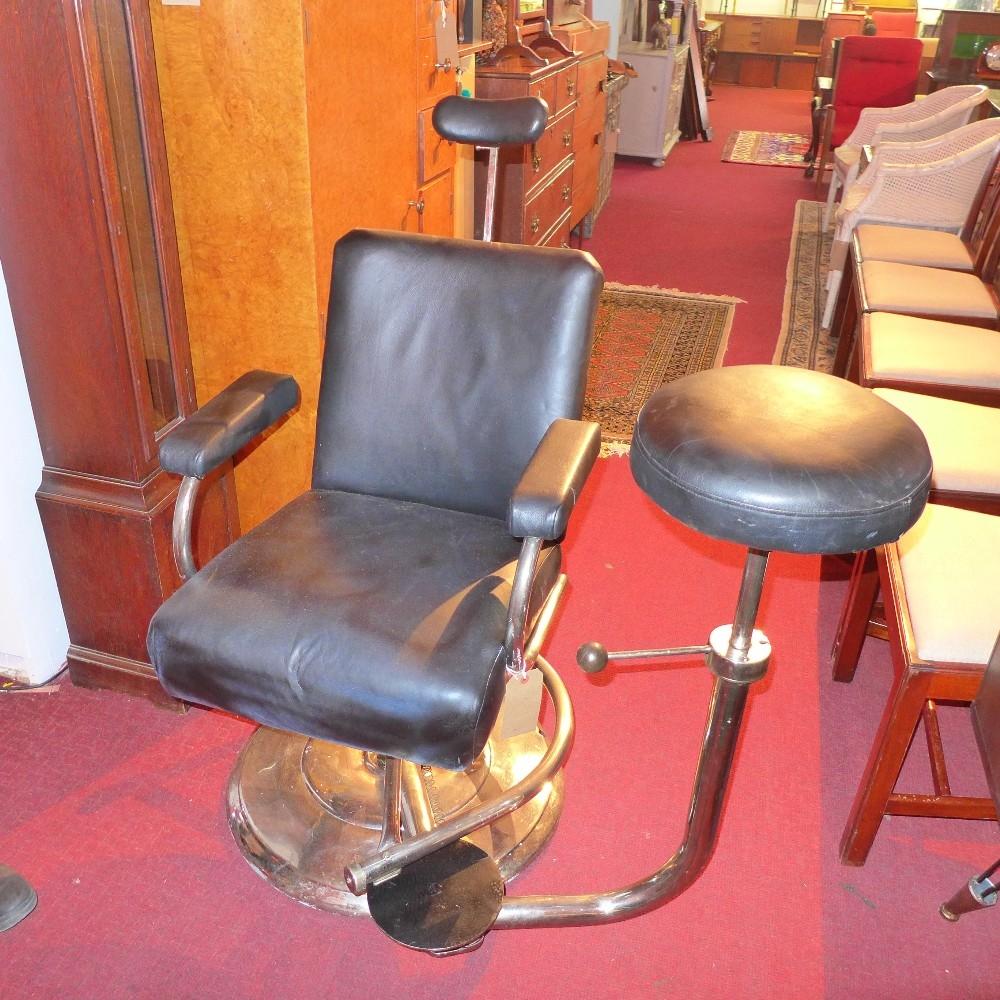 A Vintage Barbers Chair with Swing Around Stool. 'The Murray Stool' made by The Murray Equipment