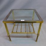 A Regency style brass lamp table with glass top. H-41 W-46 D-46