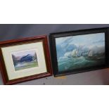 A print of a steam brig, 31 x 50cm, together with a print of 'Killlarney 10th green, County Kerry'