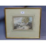 A 19th century watercolor depicting figures in a country scene. 14x21cm