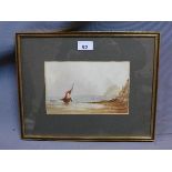 A 19th century watercolor depicting a beached boat. 14x22cm