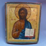 A Russian icon, Christ Pantocrator, Christ is represented frontally, blessing and holding open the