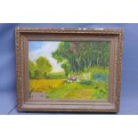 A 20th Century school, Woman and Children in a Field by a Woodland, oil on board, signed Shayer Senr