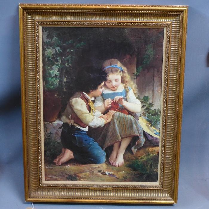 An oleograph of children sewing, in gilt frame, 60 x 44cm