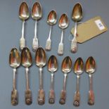 Six Victorian silver spoons, fiddle and shell pattern, Thomas Sewell, Newcastle 1866, together