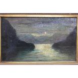 20th century school, Moonlit landscape of a Scottish loch, oil on board, c.1920s, 34 x 21cm