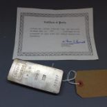 A 1 kilogram Credit Suisse silver bullion Bar, 999.0, together with Certificate of Purity