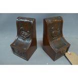 A pair of mahogany and copper mounted bookends, decorated with ducks, H. 18cm (2)