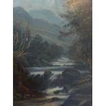 Early 20th century Scottish school, A River in a mountainous landscape, oil on board, signed J. H.
