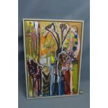 A contemporary French abstract oil on canvas, titled 'le jardin de la chanson', initialed L.R and