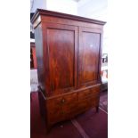 A 19th century mahogany wardrobe with two doors over two short and one long drawer raised on splayed