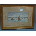 Early 20th century school, 'Fishing Boats on the Solent', watercolour, signed E. Poore, 11 x 21cm