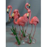 A set of four sheet metal flamingos, H. 78cm