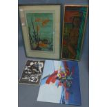 A collection of paintings, to include an oil on canvas of a nude lady, two abstract studies, and a