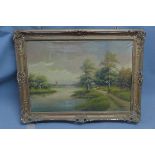 20th century Continental school, River scene with windmill to background, oil on canvas, signed
