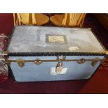 A leather bound metal trunk, H.52 W.100cm