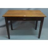 An early 20th century stained pine table, with single drawer, raised on tapered legs, H.77 W.106 D.