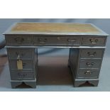 A grey painted leather topped writing desk, H. 123 W. 78cm