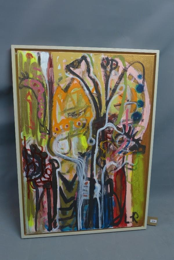 A Contemporary French abstract oil on canvas, titled 'Le Jardin de la Chanson', initialled L.R and