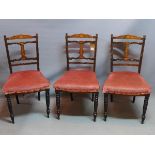 Three early 20th century side chairs with inlaid vase splat, on turned legs (one is a/f)