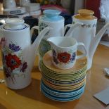 Three J & G Meakin hot water pots, with jug and saucers