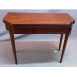 A 19th century mahogany card table, with boxwood inlay, raised on tapered legs, H.74 W.93 D.46cm