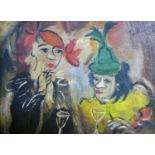 Gyula Jakoby (Hungarian,1903-1985), two ladies smoking, oil on board, signed upper right, H.17cm W.