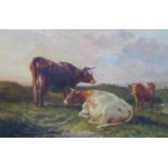 Attributed to Thomas Sidney Cooper (British, 1803-1902), a study of three cattle, oil on board,