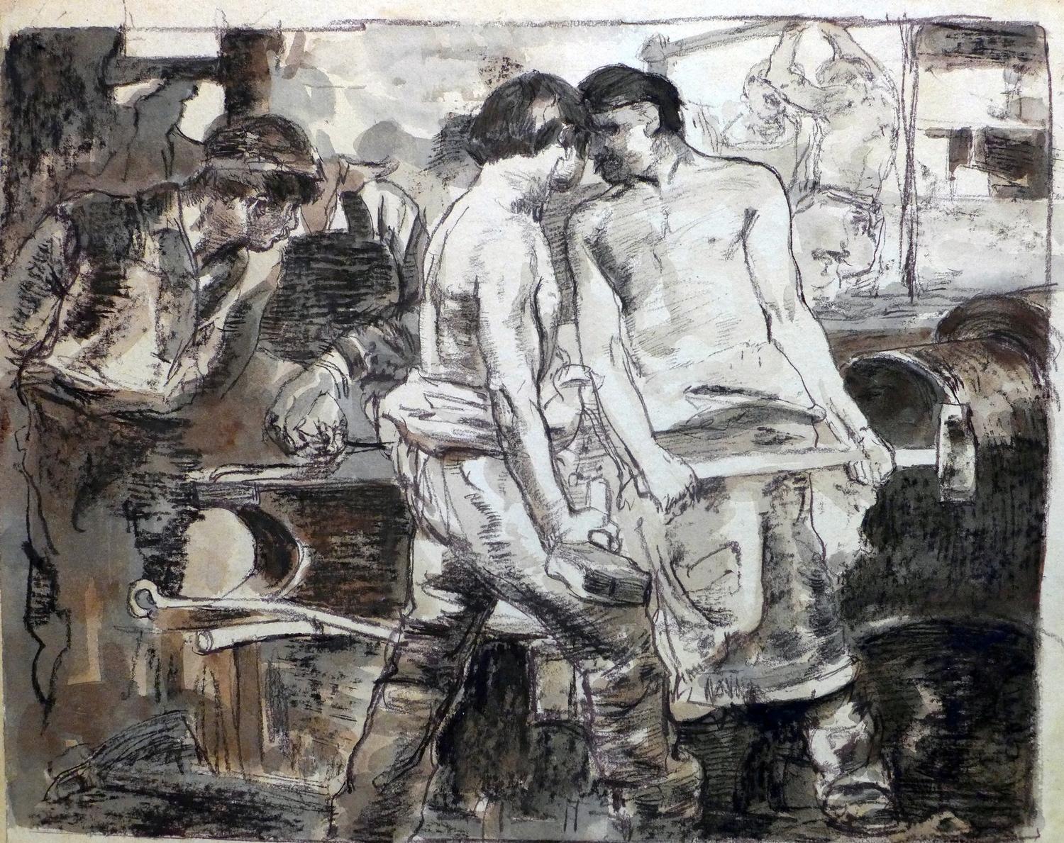 Attributed to Frank Brangwyn (British,1867-1956), 'Blacksmiths', chalk and watercolour on paper, H.