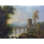 19th century Continental School, a landscape study with a viaduct over a river, oil on canvas, H.