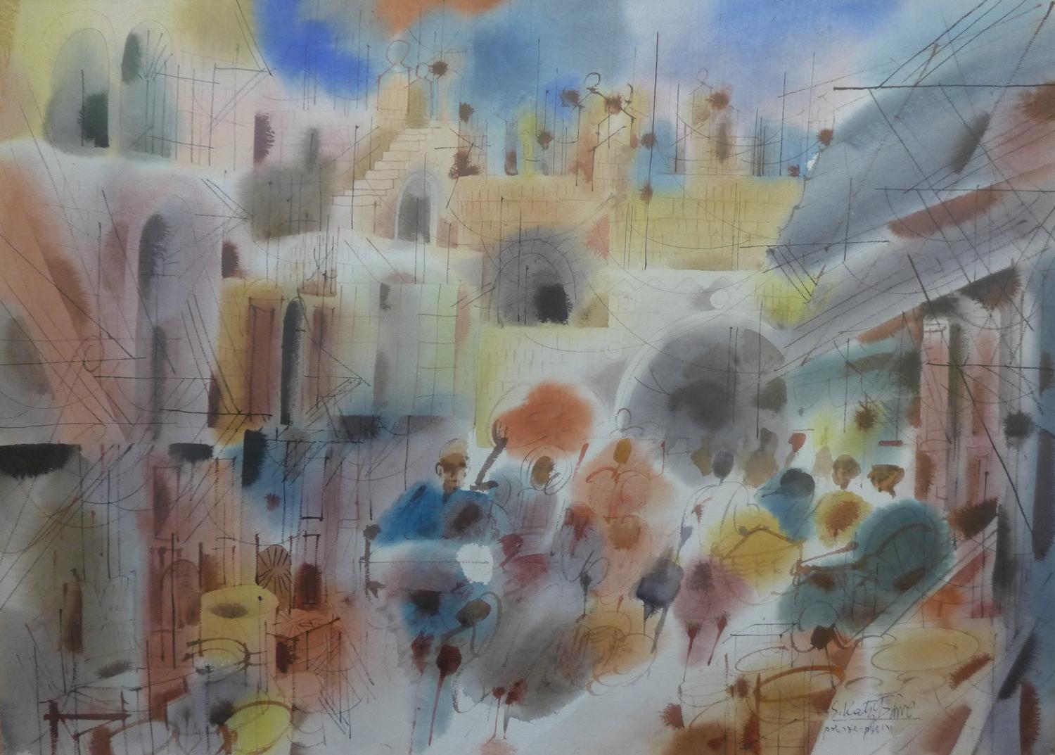 Shmuel Katz (Israeli, 1926-2010), a townscape scene, watercolour, signed lower right, H.53cm W.74cm