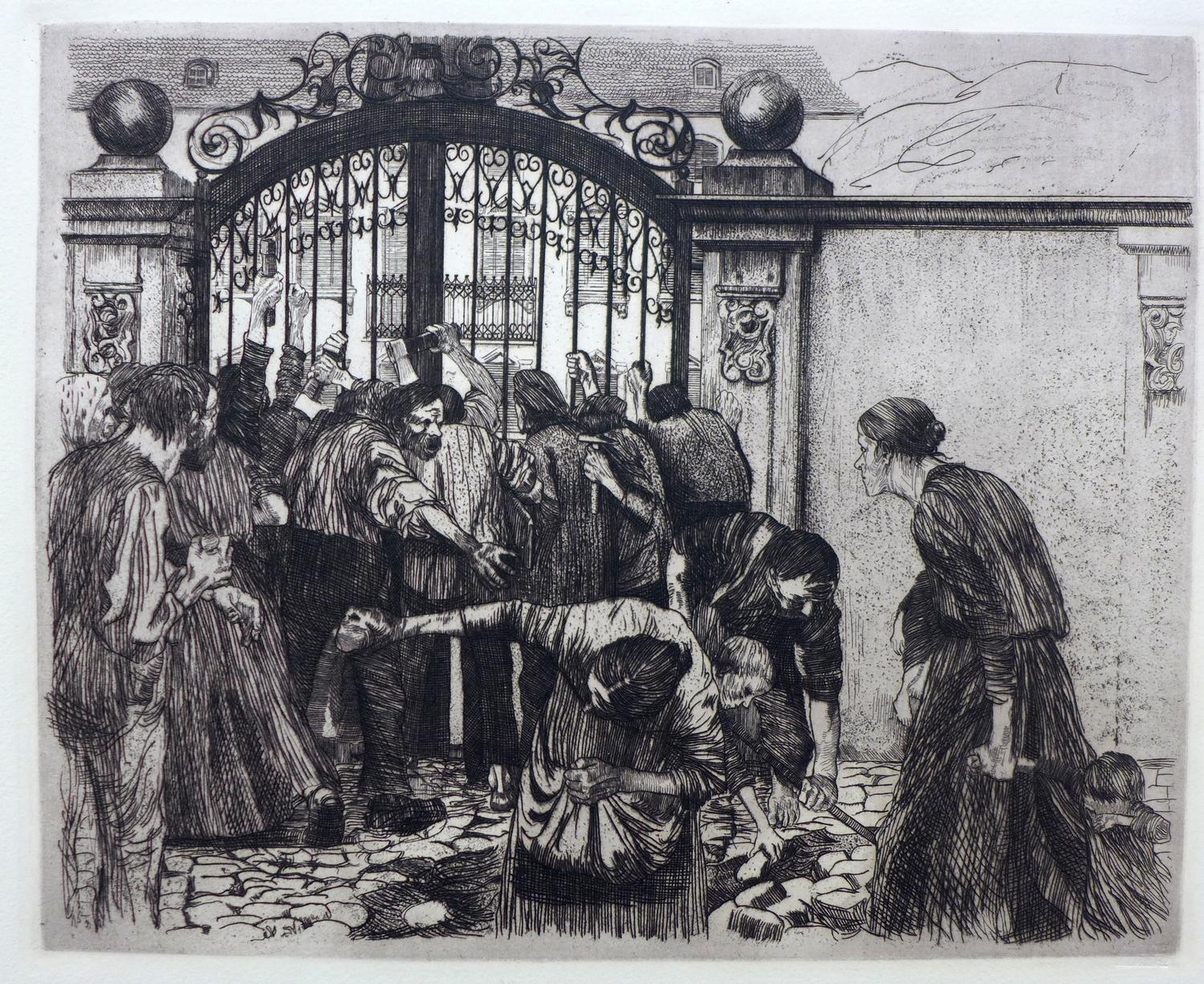 Kathe Kollwitz (German, 1867–1945), 'Weberaufstand-Sturm', 1897, etching, blindstamped, H.30.5cm W.