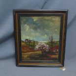 Leonard de Buck (Belgian, 1902-1986), Cherry Blossom in a Farmyard, oil on canvas, signed, 58 x 48cm