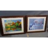 Two large framed and glazed prints, one of a still life interior scene, the other a vibrant